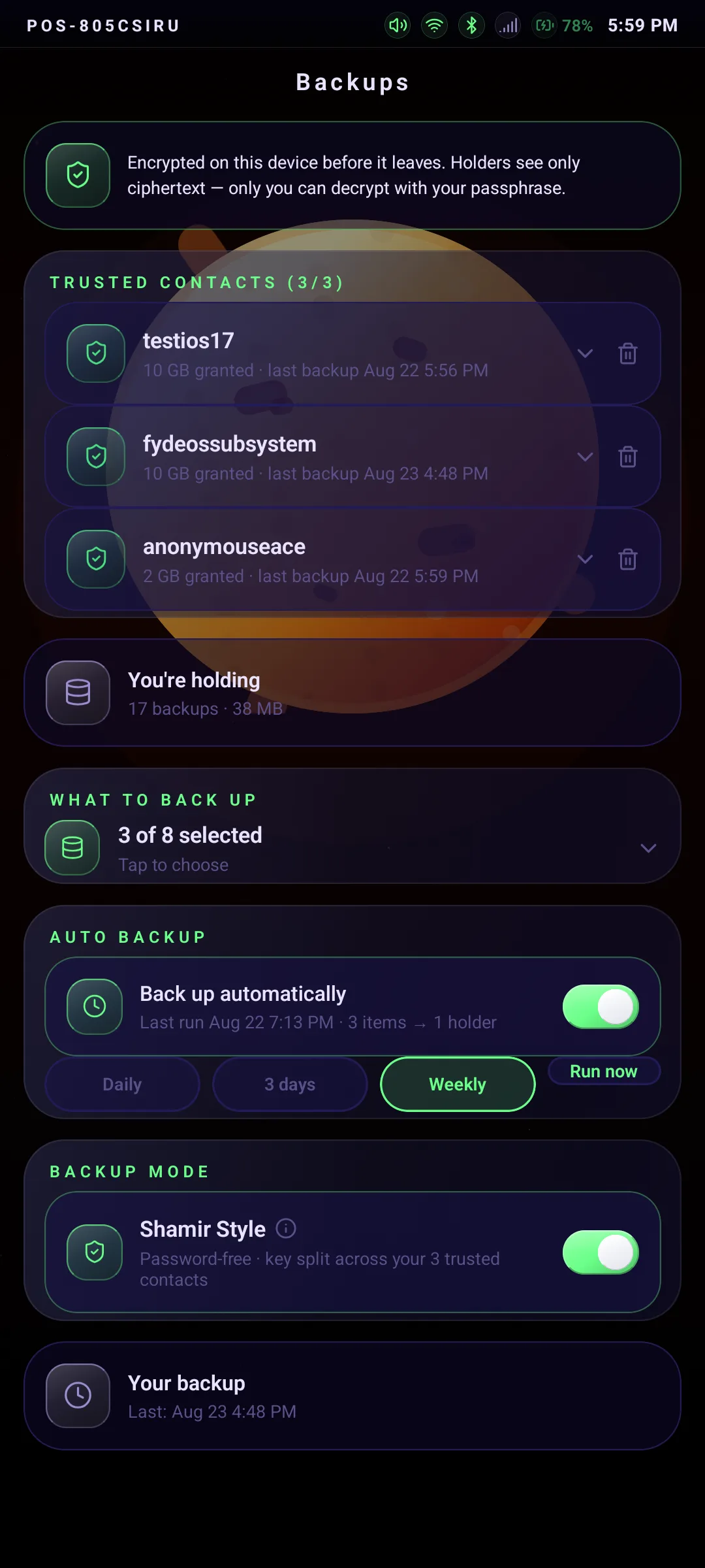 Encrypted peer-to-peer backups across trusted contacts